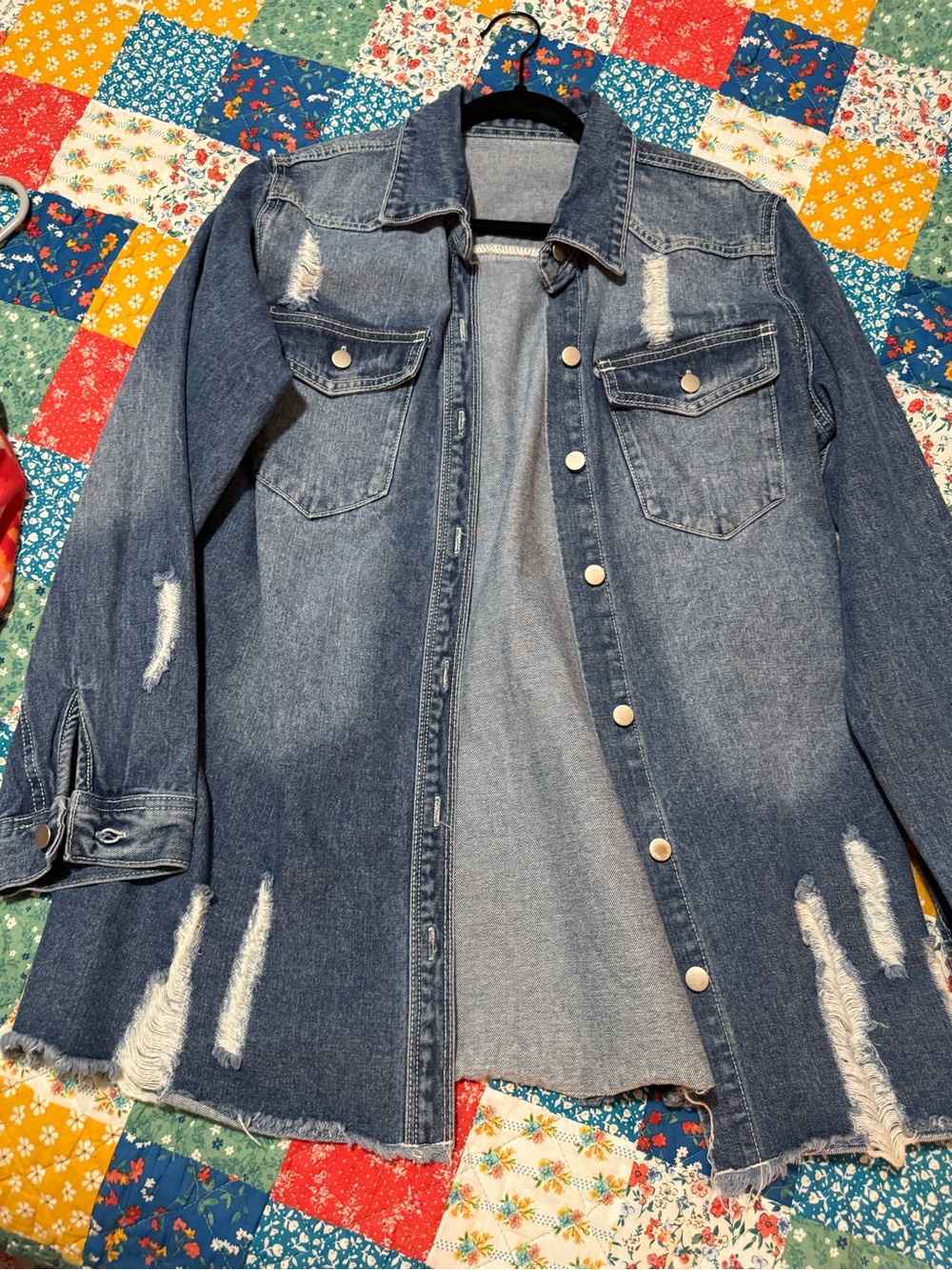 Distressed Denim Shacket - Medium Wash Blue
